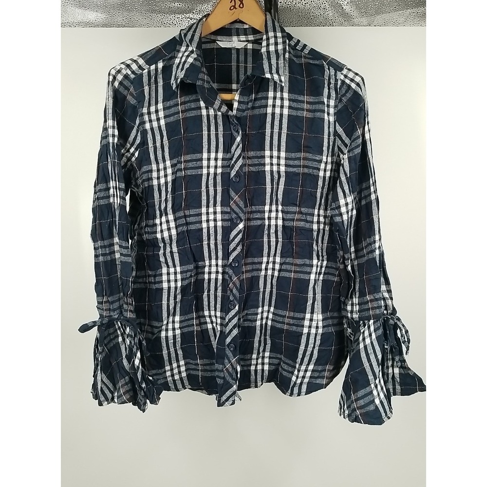 Time and Tru Womens Navy‎ Plaid Flannel Bell Sleeve Button Up Top Size M 8-10
